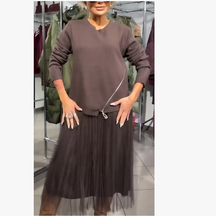 Women's Neck Knitting Needle Stitching Mesh Dress Dresses