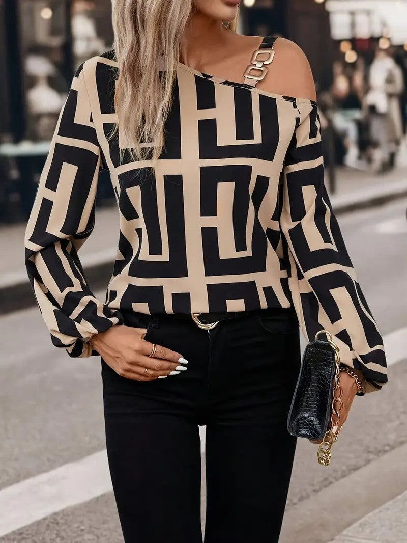 Women's Fashion Geometric Printed Long Sleeve Off Blouses