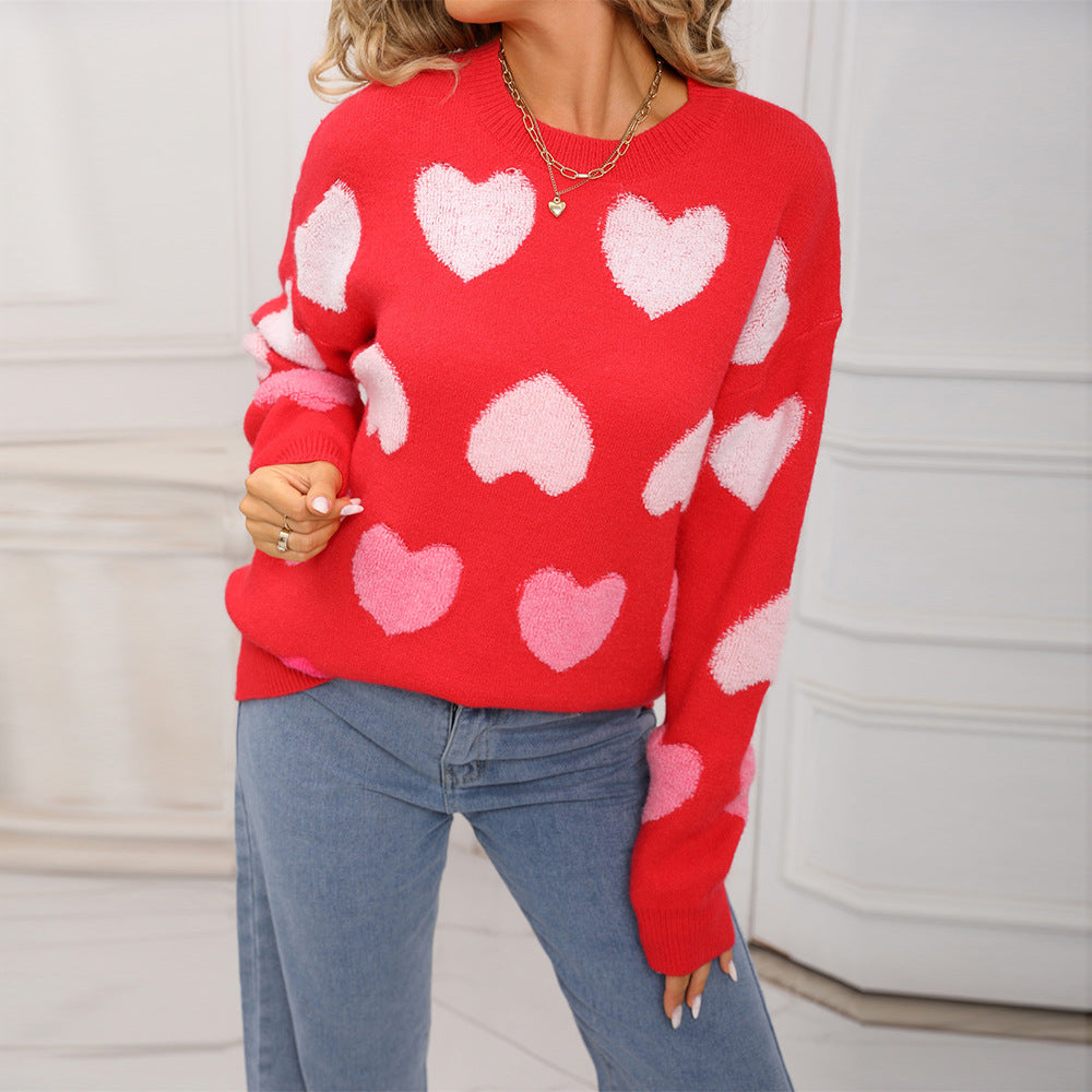 Women's Valentine's Day Round Neck Pullover Peach Sweaters