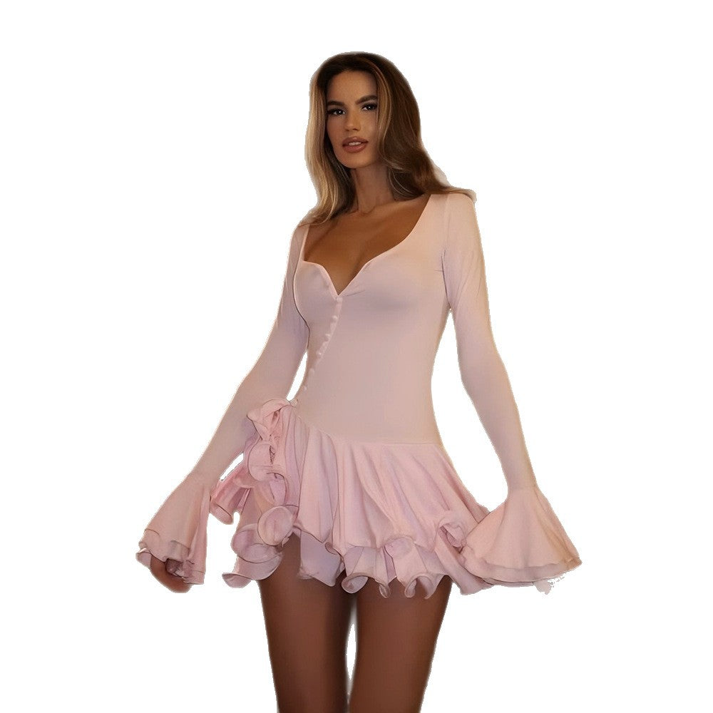Women's Elegant Single-breasted Flared Long Sleeve Slim Dress