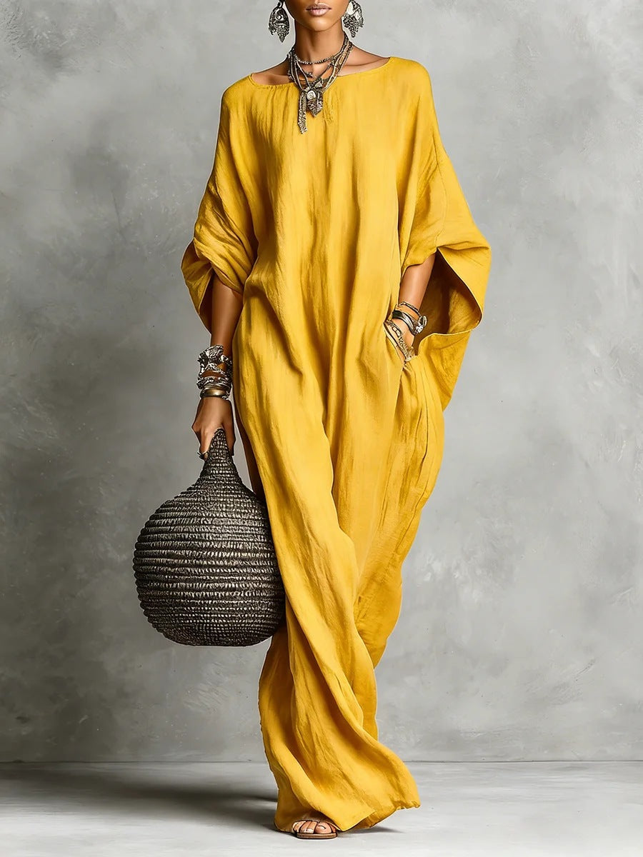 Women's Retro Solid Color Temperament Long Sleeve Dress