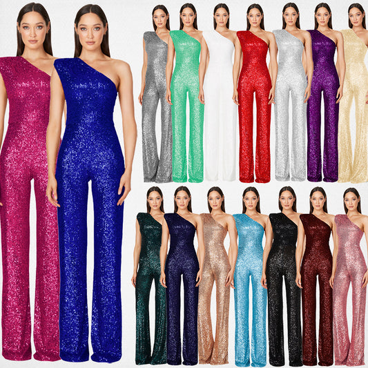 Women's Fashion Sleeveless One Shoulder Backless Sequined Jumpsuits