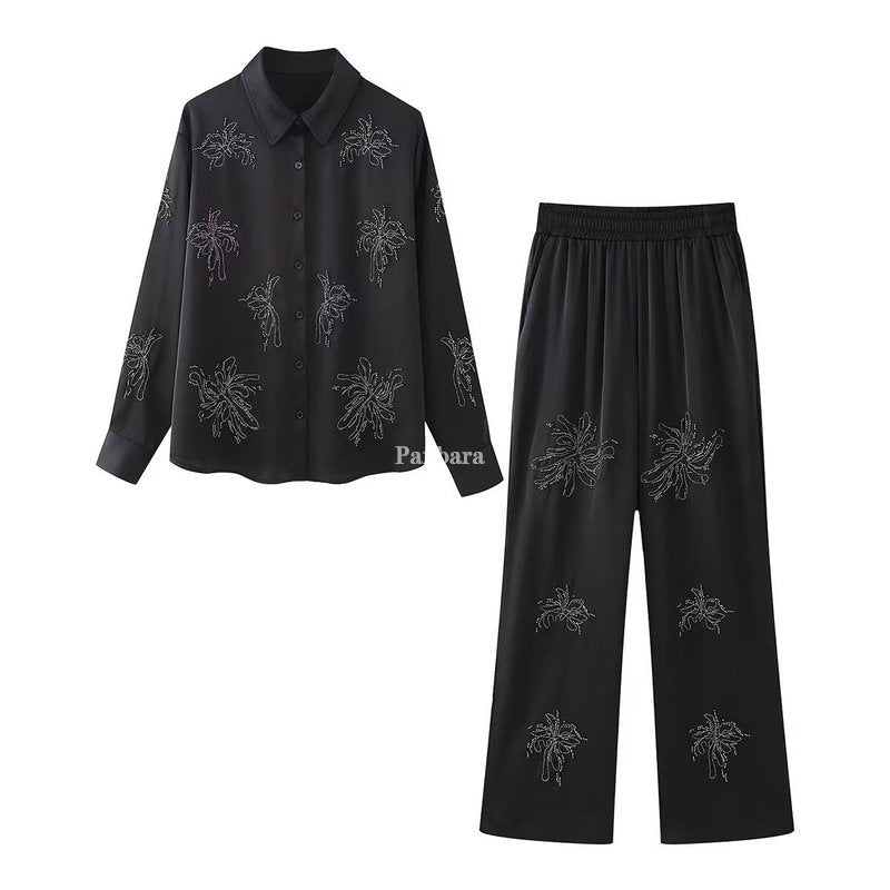 Women's Spring Lapel Beaded Long Sleeve Black Suits