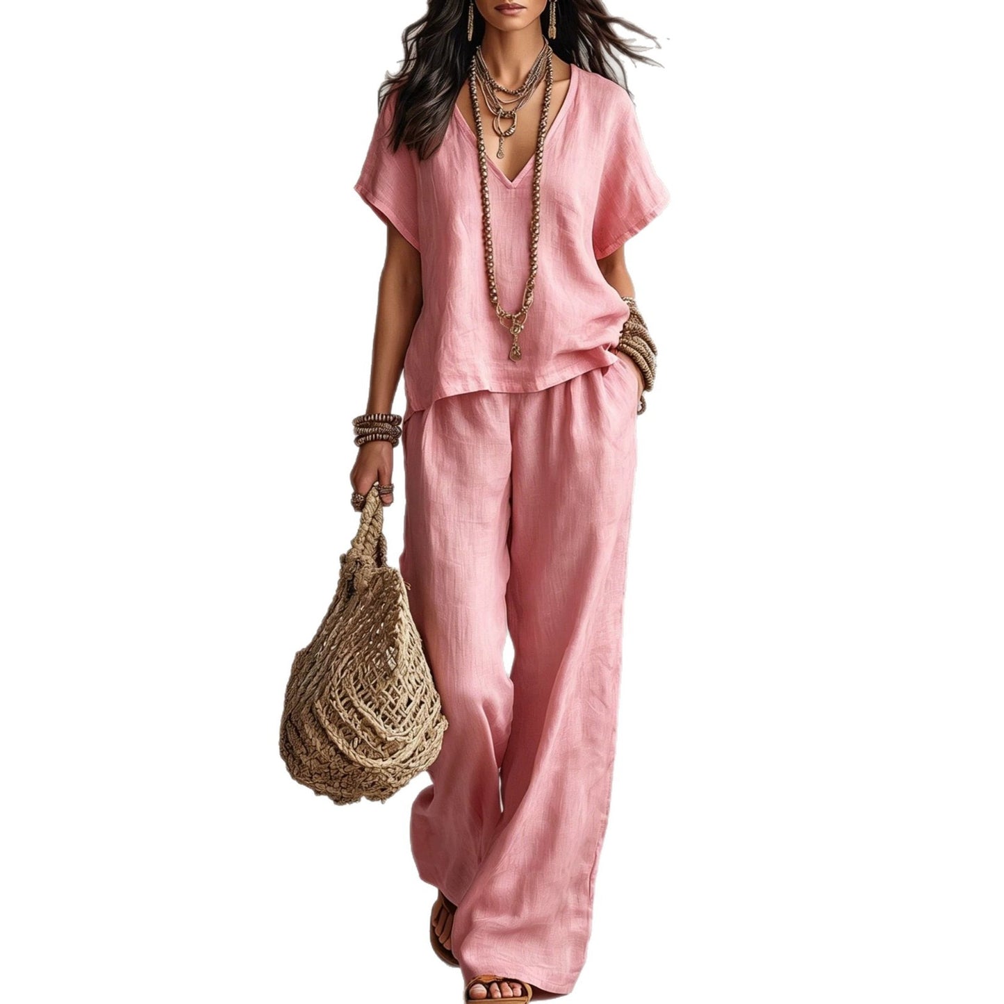 Women's Solid Color Loose Short-sleeved Trousers Two-piece Suits