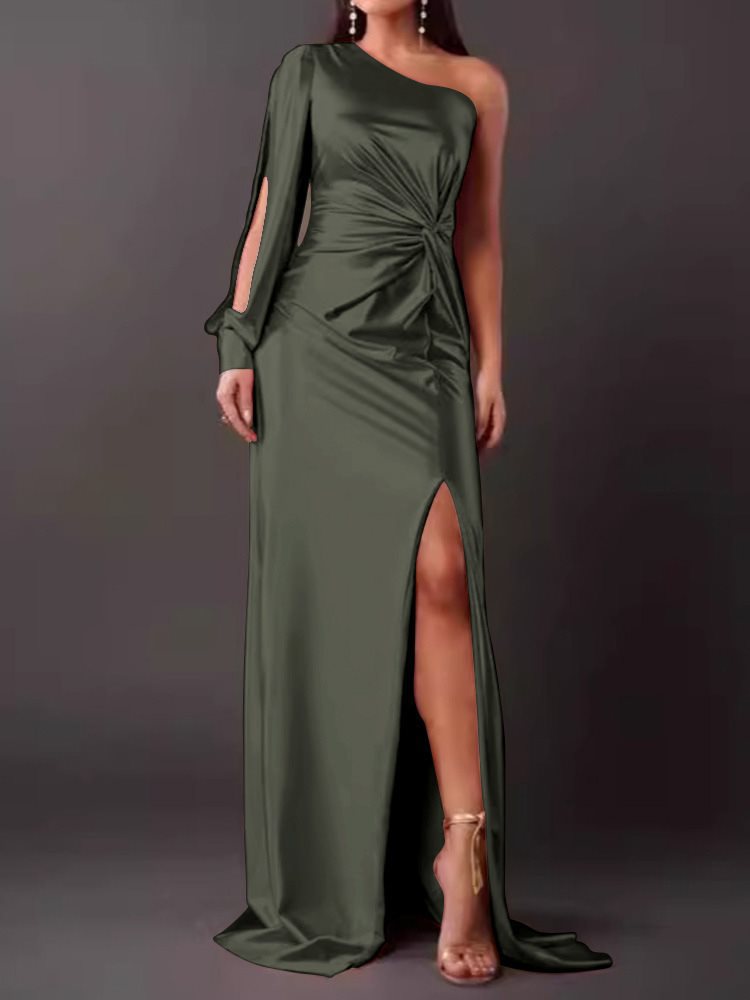 Women's Summer Diagonal Collar Raglan Sleeve Pleated Waist Tight Dresses