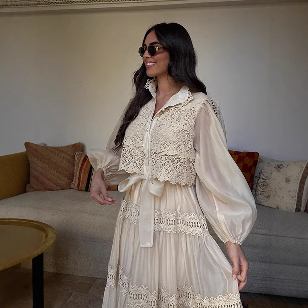 Women's Summer Retro French Lapel Hollow Puff Sleeve Elegant Tied Clothing