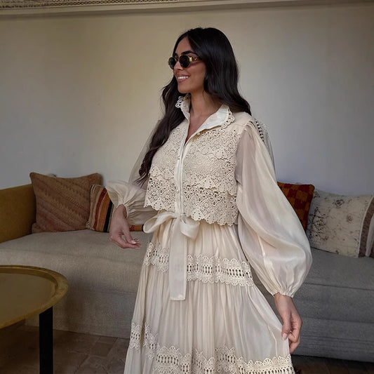 Women's Summer Retro French Lapel Hollow Puff Sleeve Elegant Tied Clothing