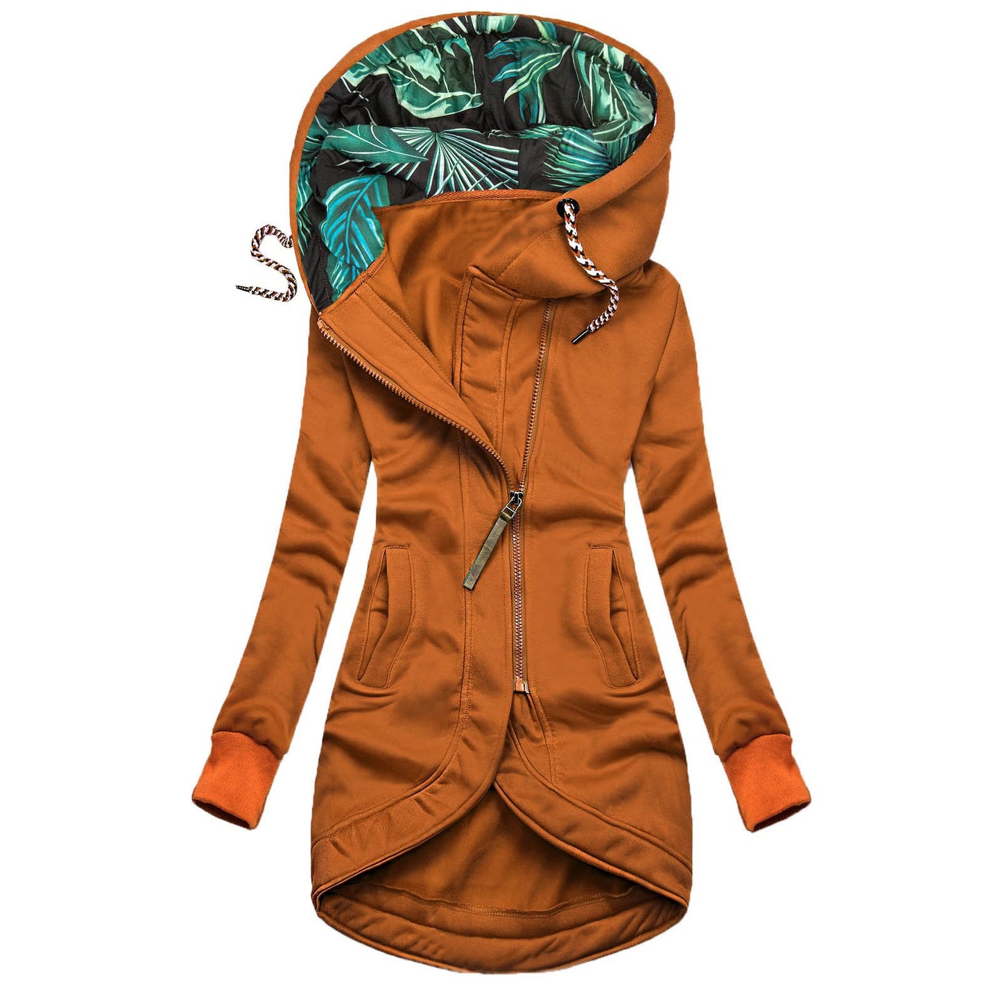 Women's Solid Color Fashion Zipper Printed Hooded Women's Sweater, Sweater