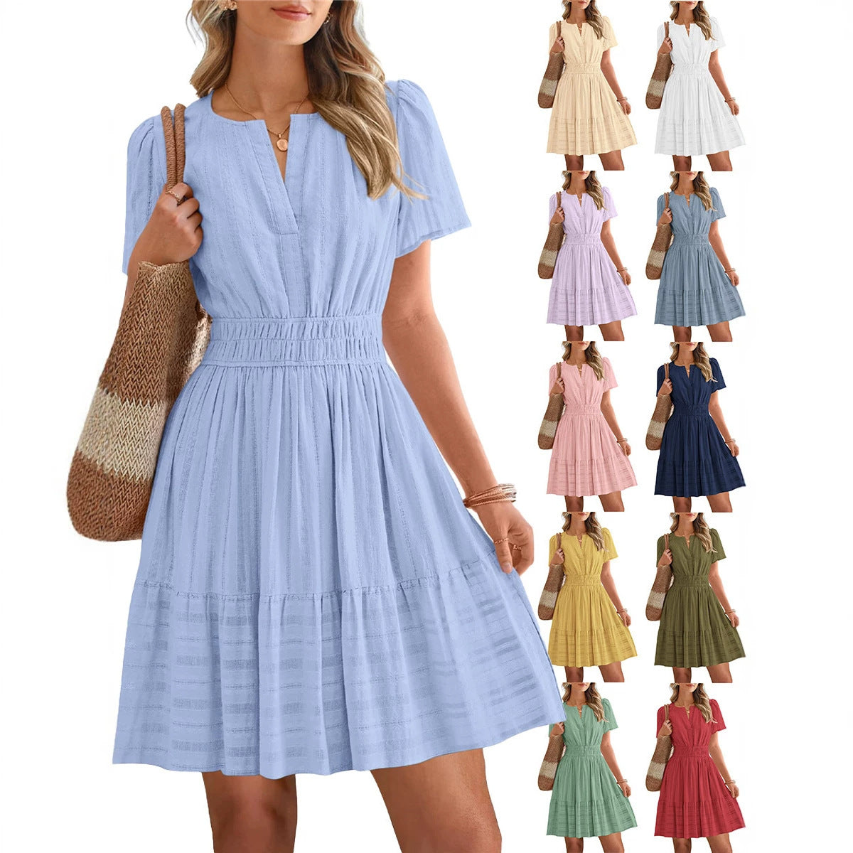 Women's Fashion Pleated Puff Sleeve Layered Large Dress