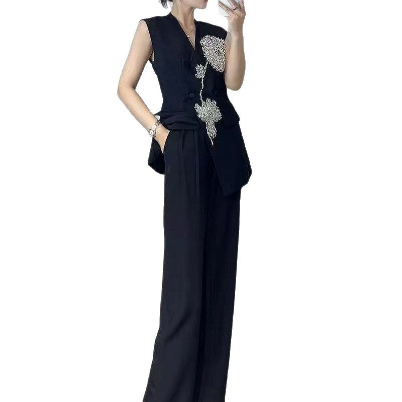 Women's Summer Sleeveless Rhinestone Flower High Waist Wide Leg Suits