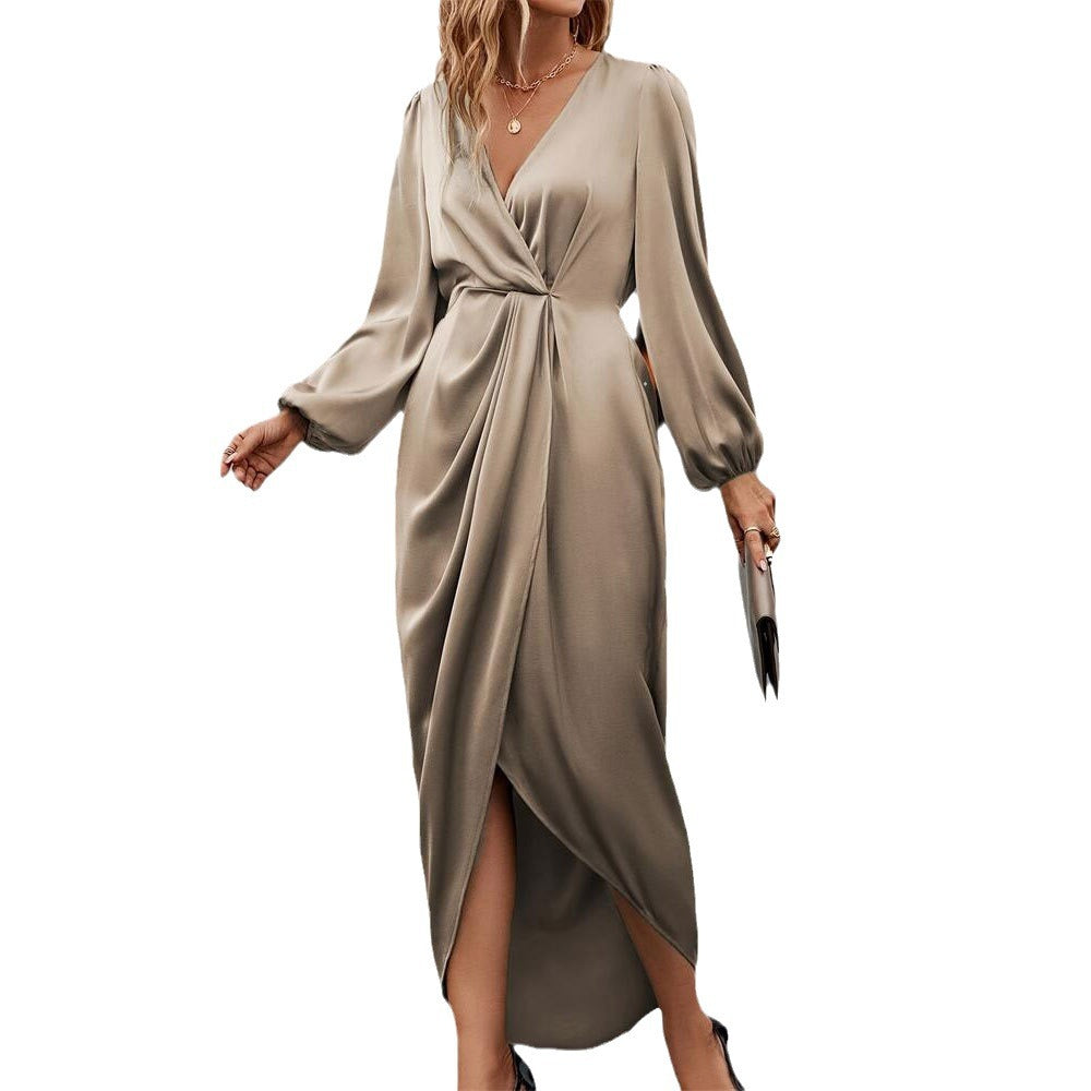 Women's Cross Collar Pleated Split Puff Sleeve Dresses