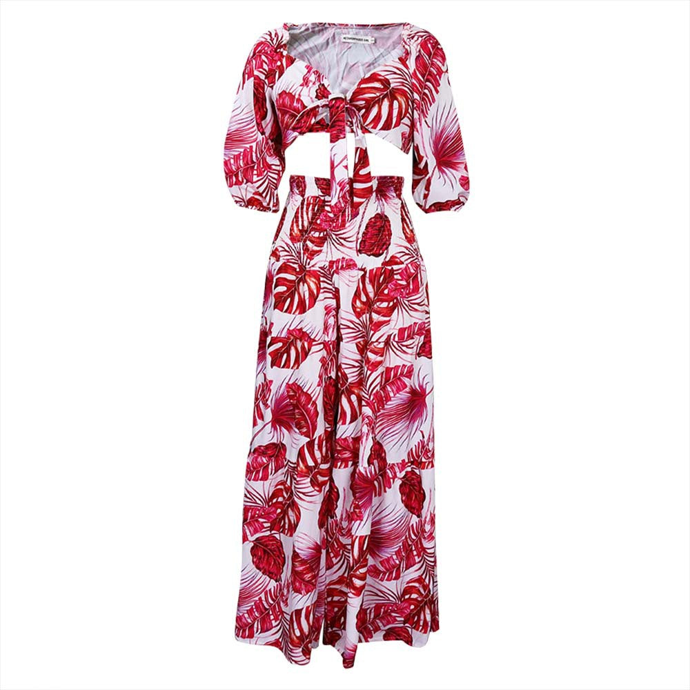 Printed Tied Wide Leg Two-piece Set Fashion Casual Suit