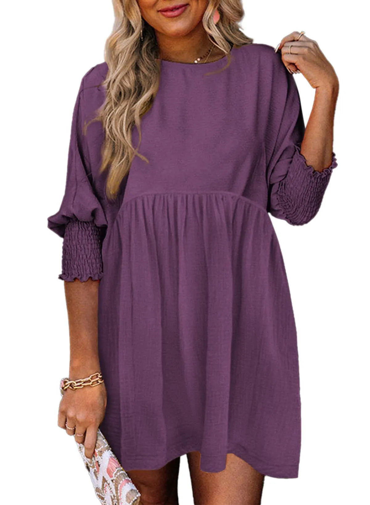 Women's Round Neck Girdle Cuff Pleating Casual Dresses