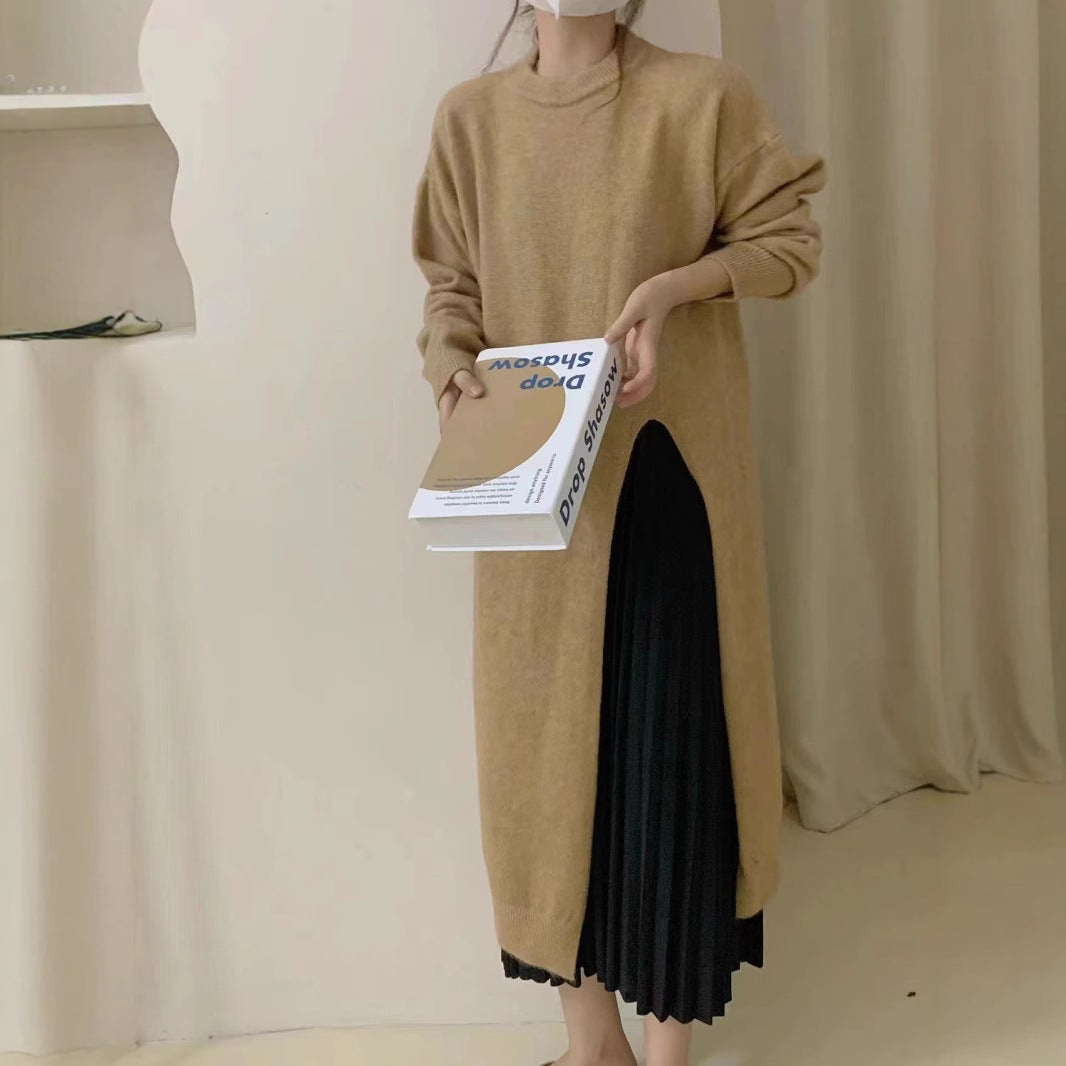 Women's Style Design Knitted Dress Solid Color Loose Pullover Split Sweater