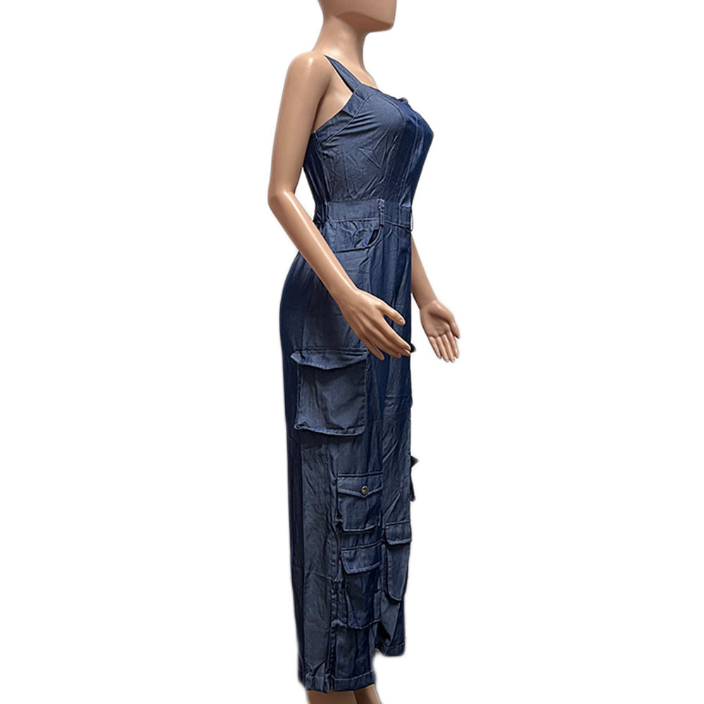 Creative Imitation Denim Oversized Bellows Pocket Jumpsuits