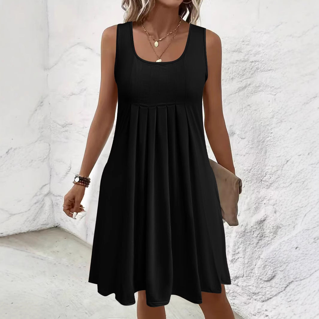 Women's Large Summer Solid Color Pleated Design Casual Sleeveless Dress