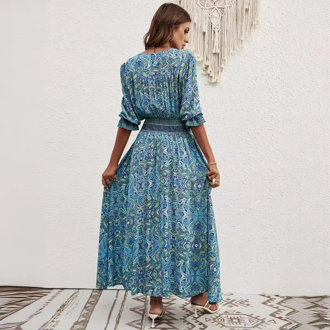 Women's Rayon Positioning Printed Sleeves Waist Bohemian Holiday Breasted Dress