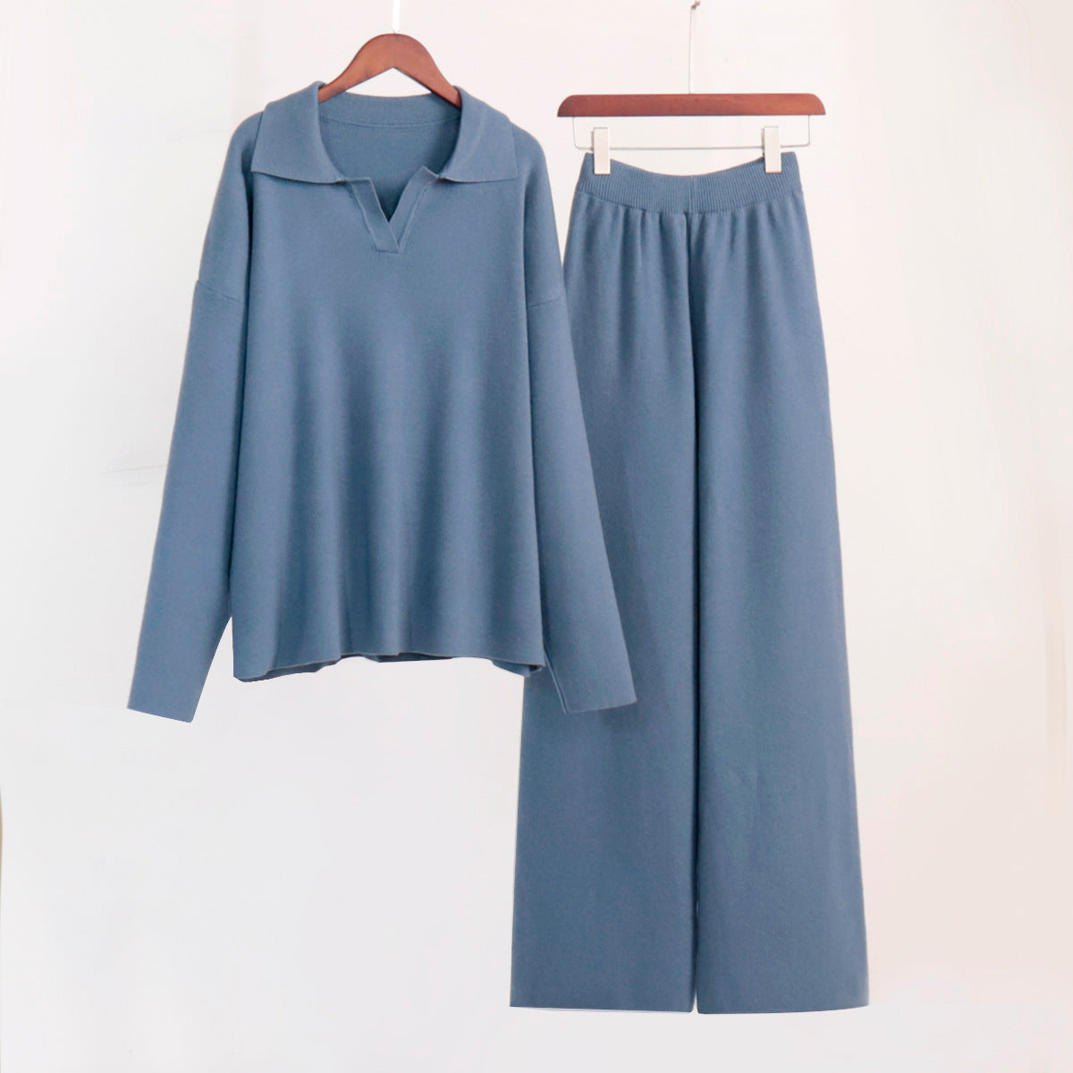 Collar Knitted Pullover Wide Leg Trousers Suits