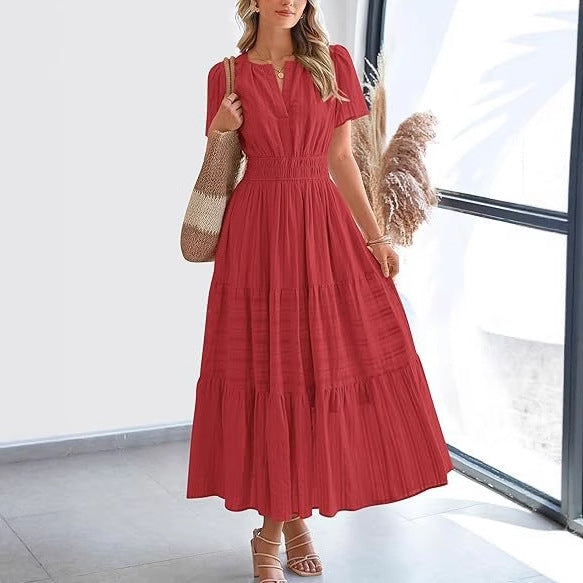 Women's Fashion Pleated Puff Sleeve Layered Large Dress