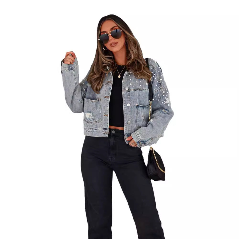 Women's Slouchy Fashion Bead Loose Denim Jackets