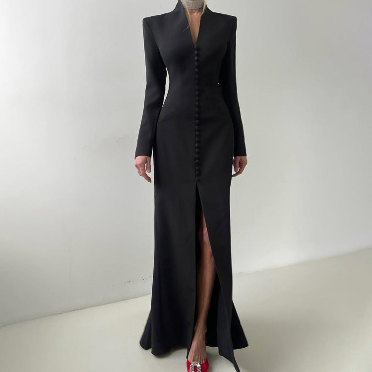 Women's Long Sleeve Temperament High Waist Split Dresses