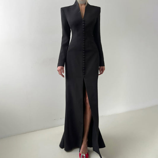 Women's Long Sleeve Temperament High Waist Split Dresses