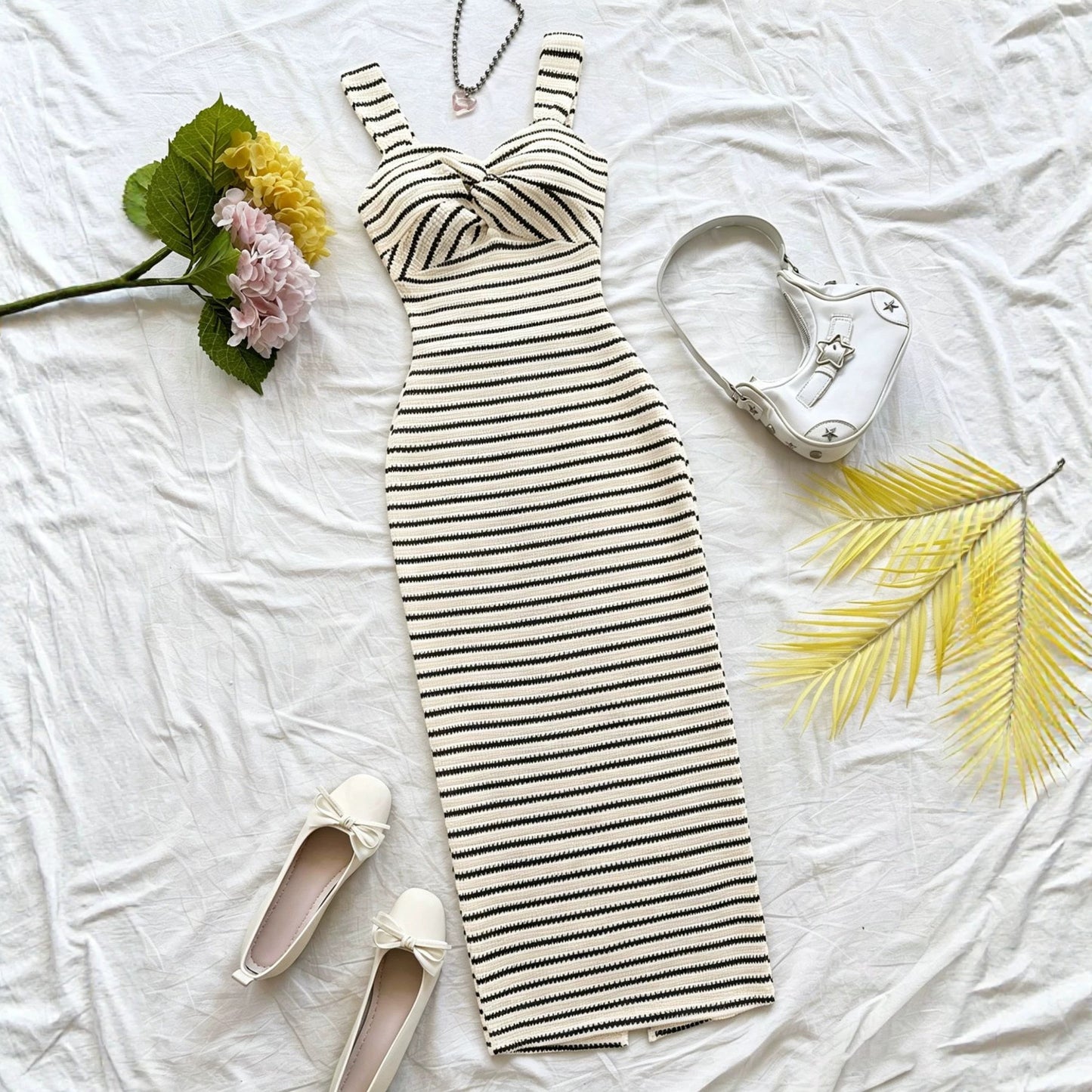 Women's Fashion Comfortable Striped Spaghetti Straps Chest Knot Dress