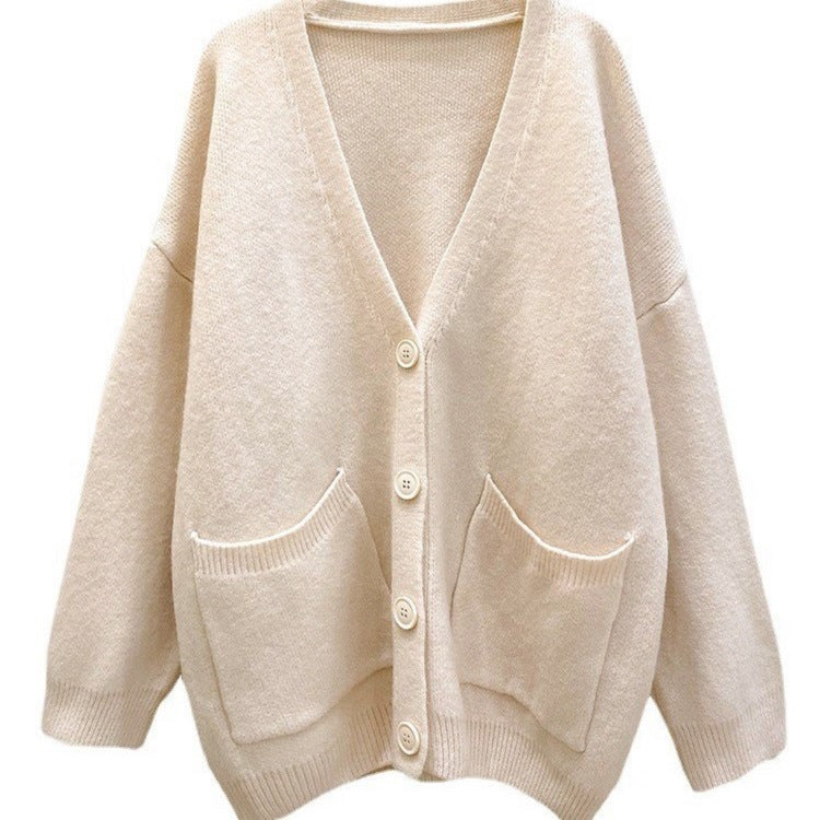 Korean Style Pocket Loose Outer Wear Casual Solid Women's Sweater