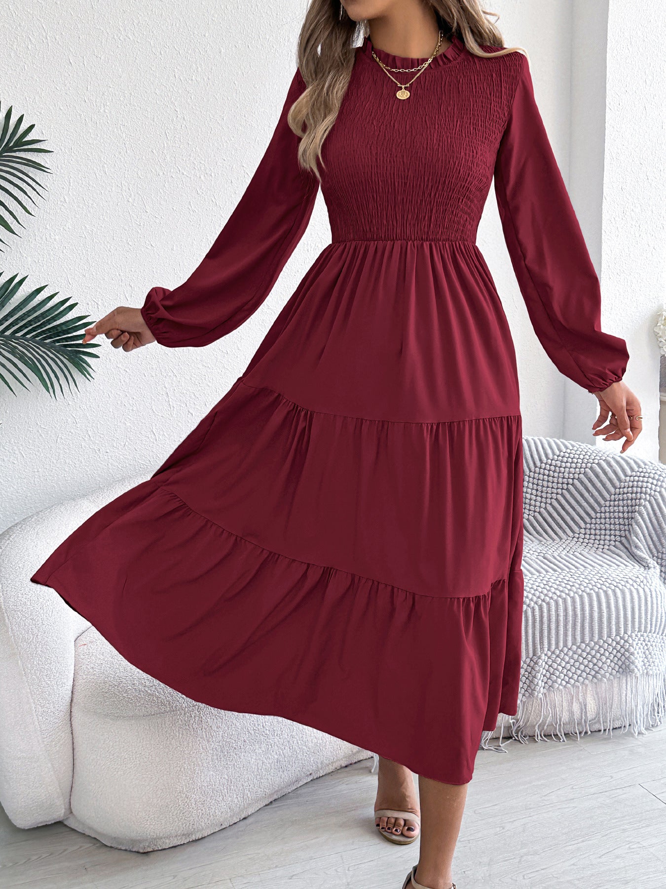 Women's Color Long Sleeve Smocking Slim Fit Dress