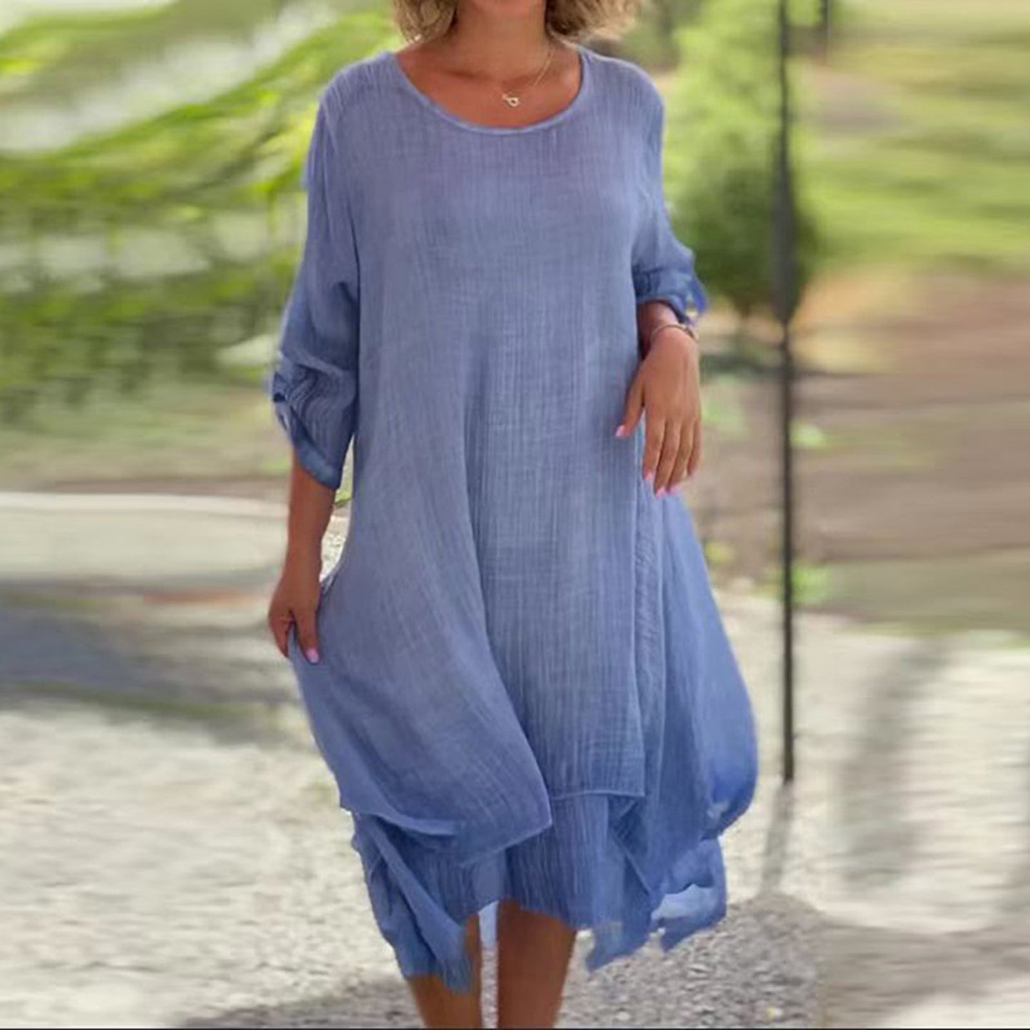 Women's Fashion Casual Round Neck Long Sleeve Double Dresses