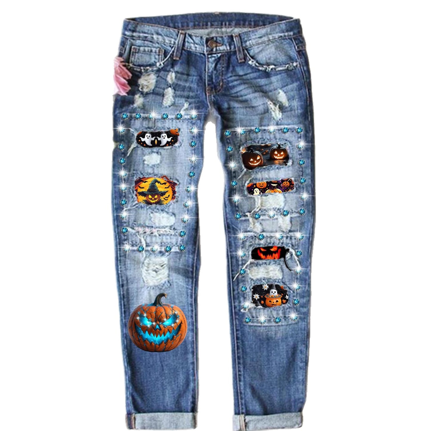 Women's Halloween Fashion Diamond Printing Hole Straight Jeans