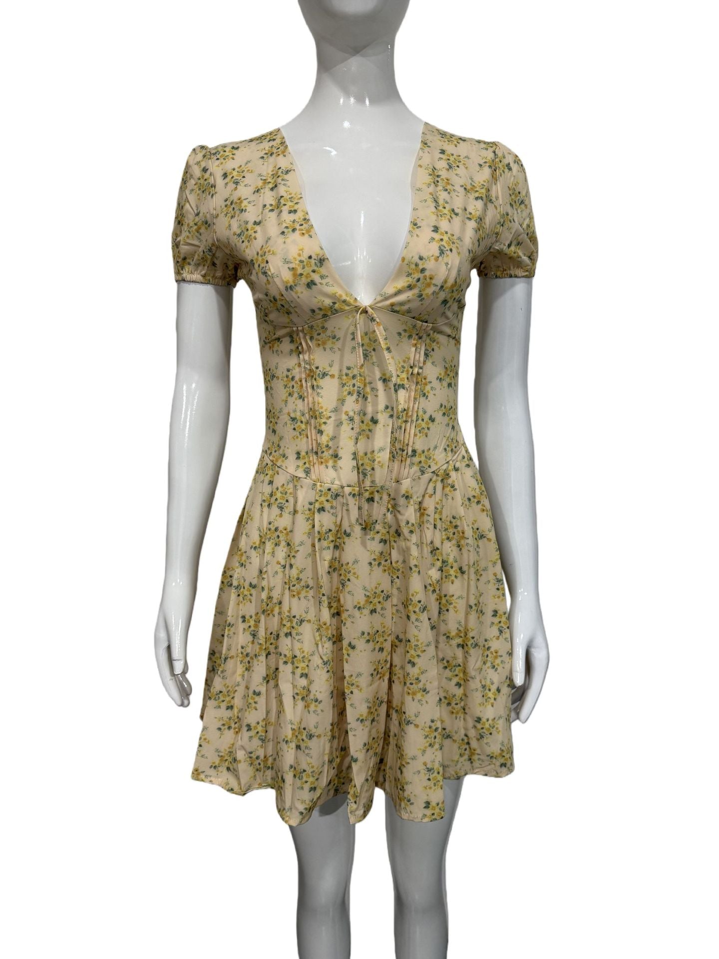 French Sweet Style Summer Sexy Deep V Thin Waist Sleeve Dress