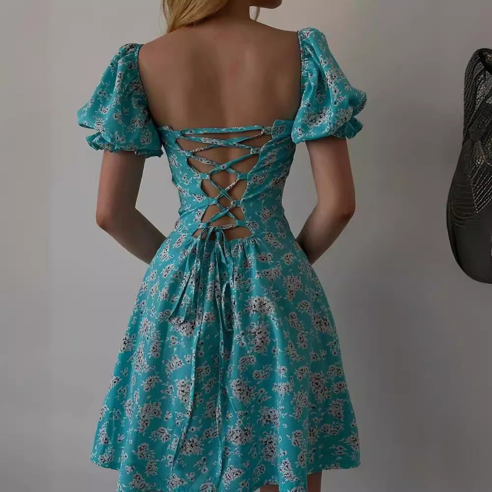 Women's Vintage Floral High Waist Puff Sleeve Dress
