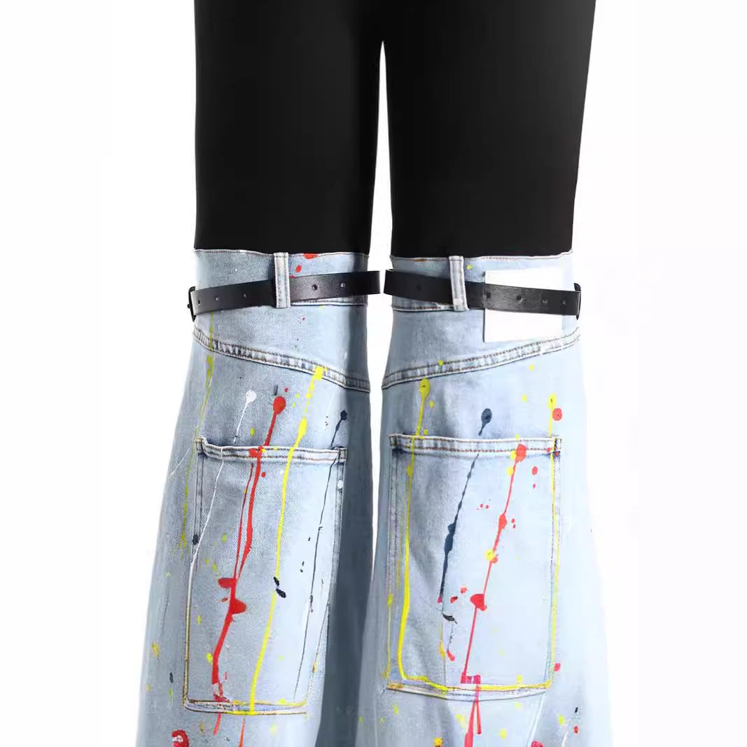 Spring High Waist Stitching Splash Paint Unique Design Jeans