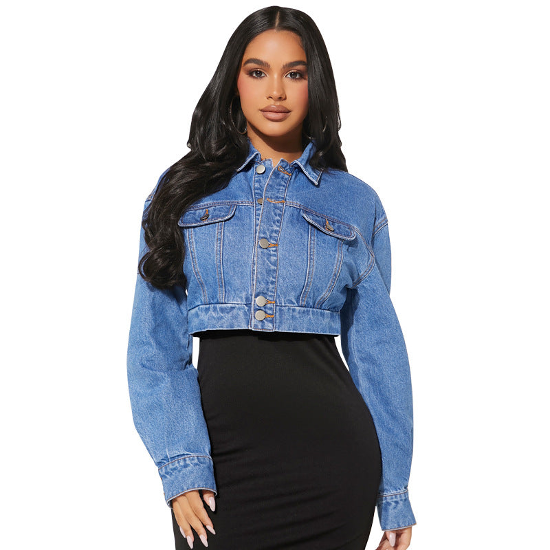 Women's Denim Elastic Button Long Sleeve Jackets