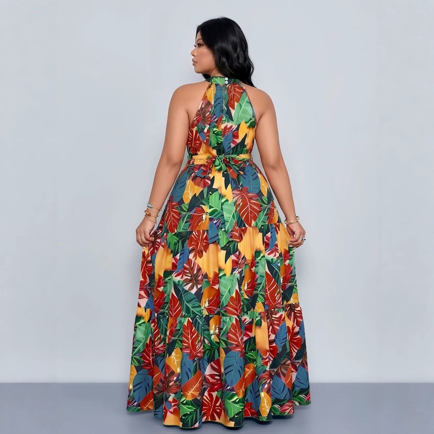Women's Summer Fashion Sleeveless Halter Printed Waist Dress