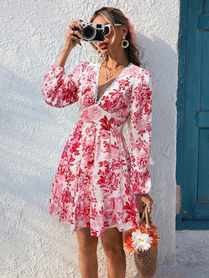 Women's Lace Printed Casual Holiday Long-sleeved Dress