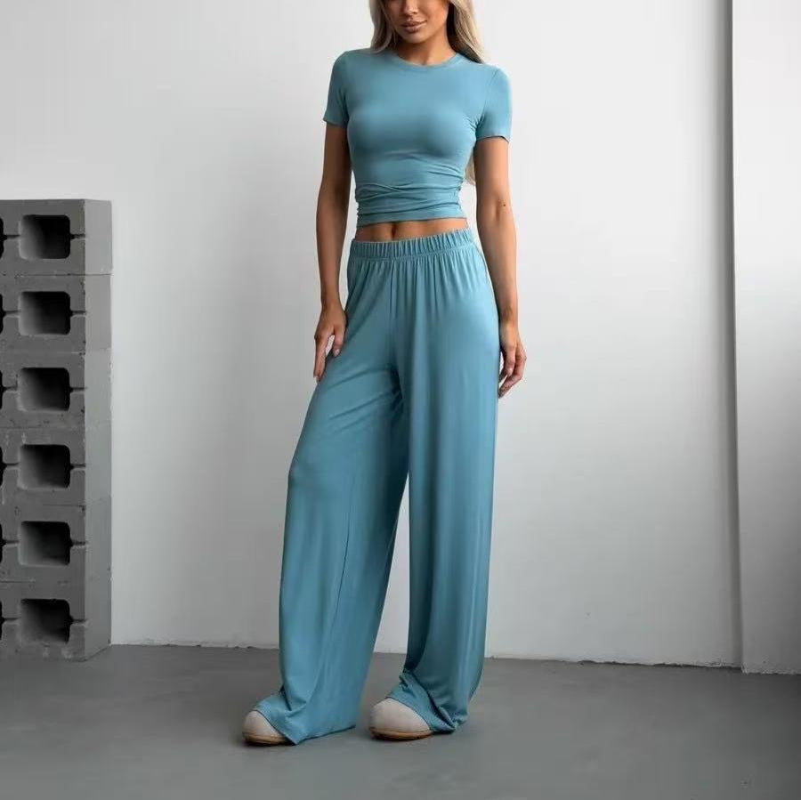 Women's Russian Knitting Short-sleeved T-shirt Trousers Two Suits