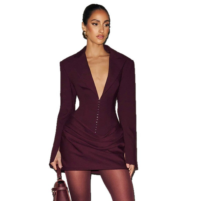 Women's Solid Color Sexy Deep Pleated Waist Tight Suits