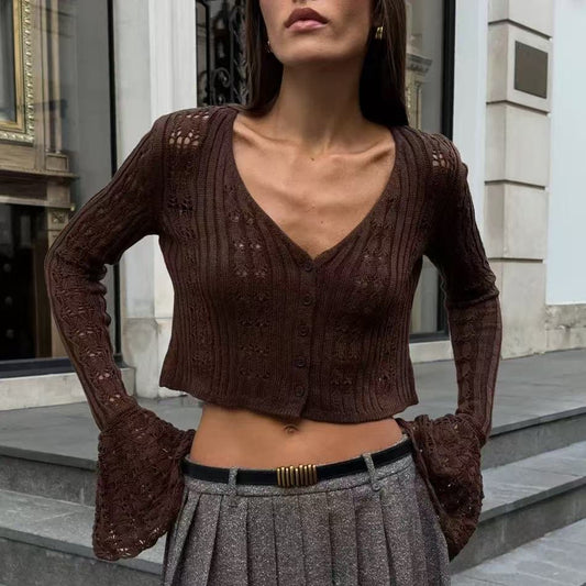 Women's Hollow Knitted Clothes Solid Color Long Blouses