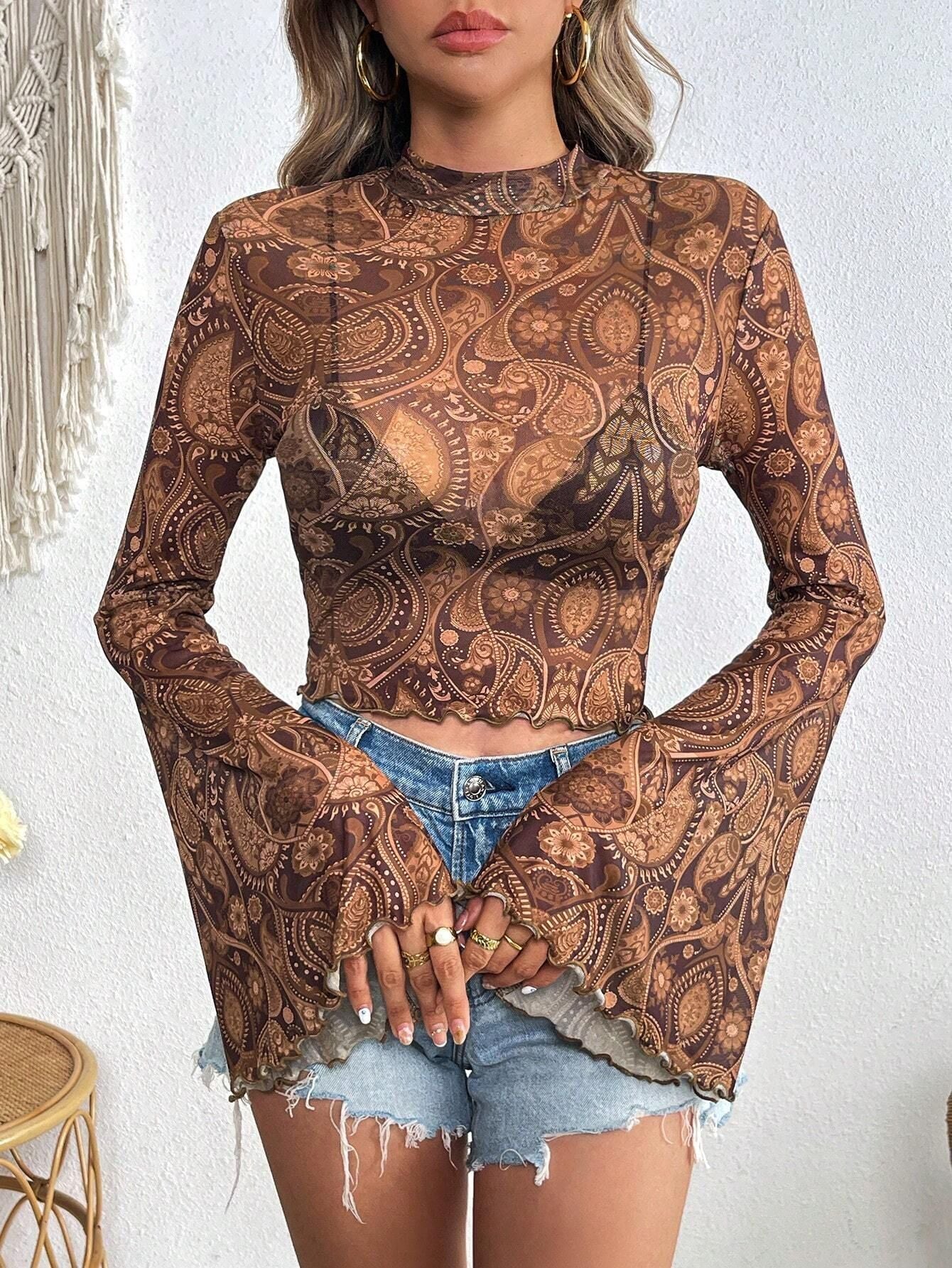 Mesh Printed Flared Sleeves Long Sleeve Blouses