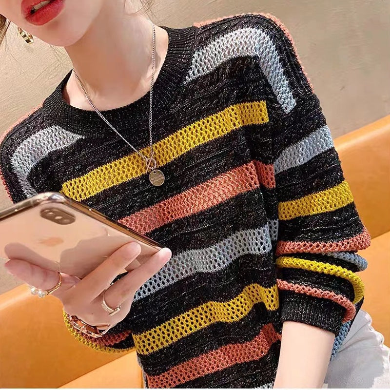 Women's Contrast Color Bat Sleeve Shirt Rainbow Bar Long Hollow Out Sweaters