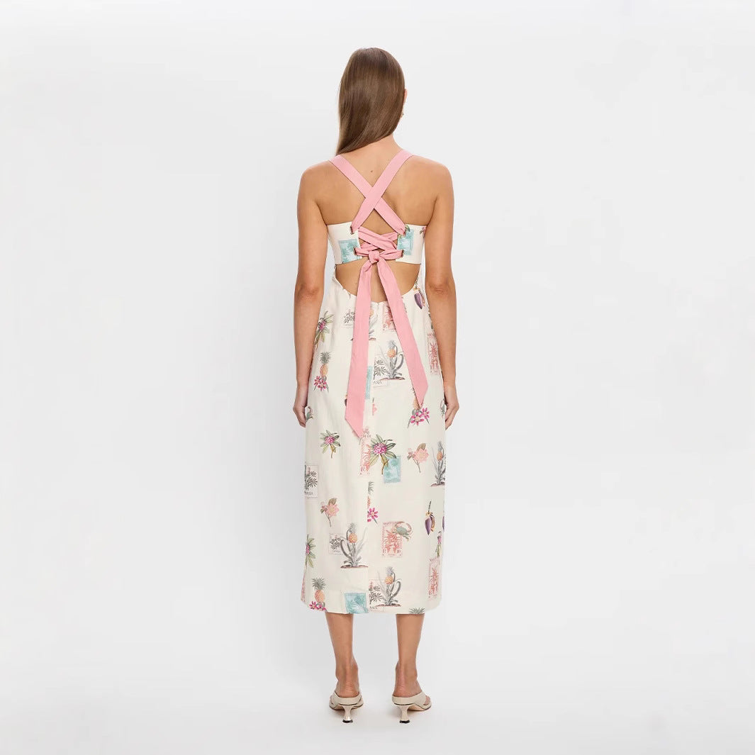 Elegant Linen Strap Backless Lace Up Dresses