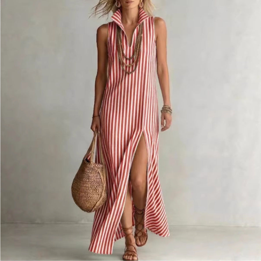 Women's Fashion Striped Stand Collar Sleeveless Split Cotton Dress