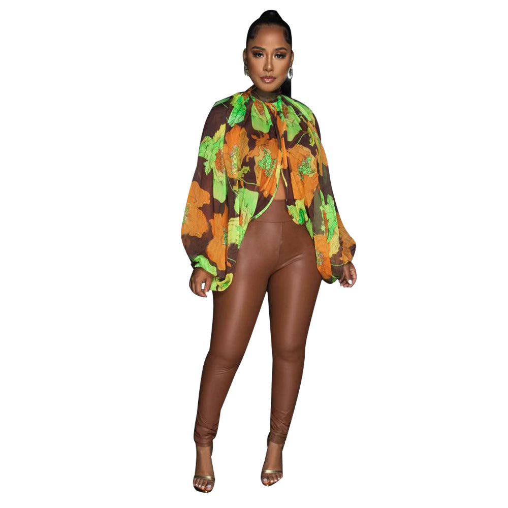 Women's Lace Printing Chiffon Shirt Batwing Sleeve Blouses