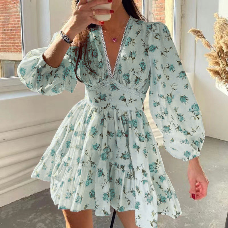 Women's Spring Sweet Printed Lace Long Sleeve Dresses