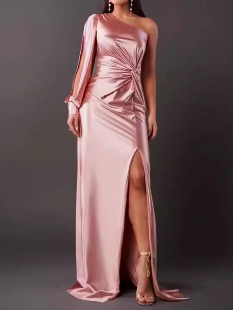 Women's Summer Diagonal Collar Raglan Sleeve Pleated Waist Tight Dresses