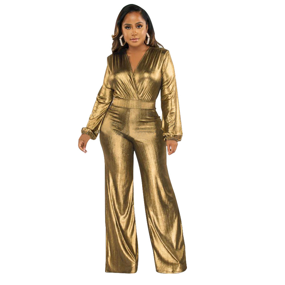 Women's Autumn Sexy Lantern Sleeve Bronzing Jumpsuits