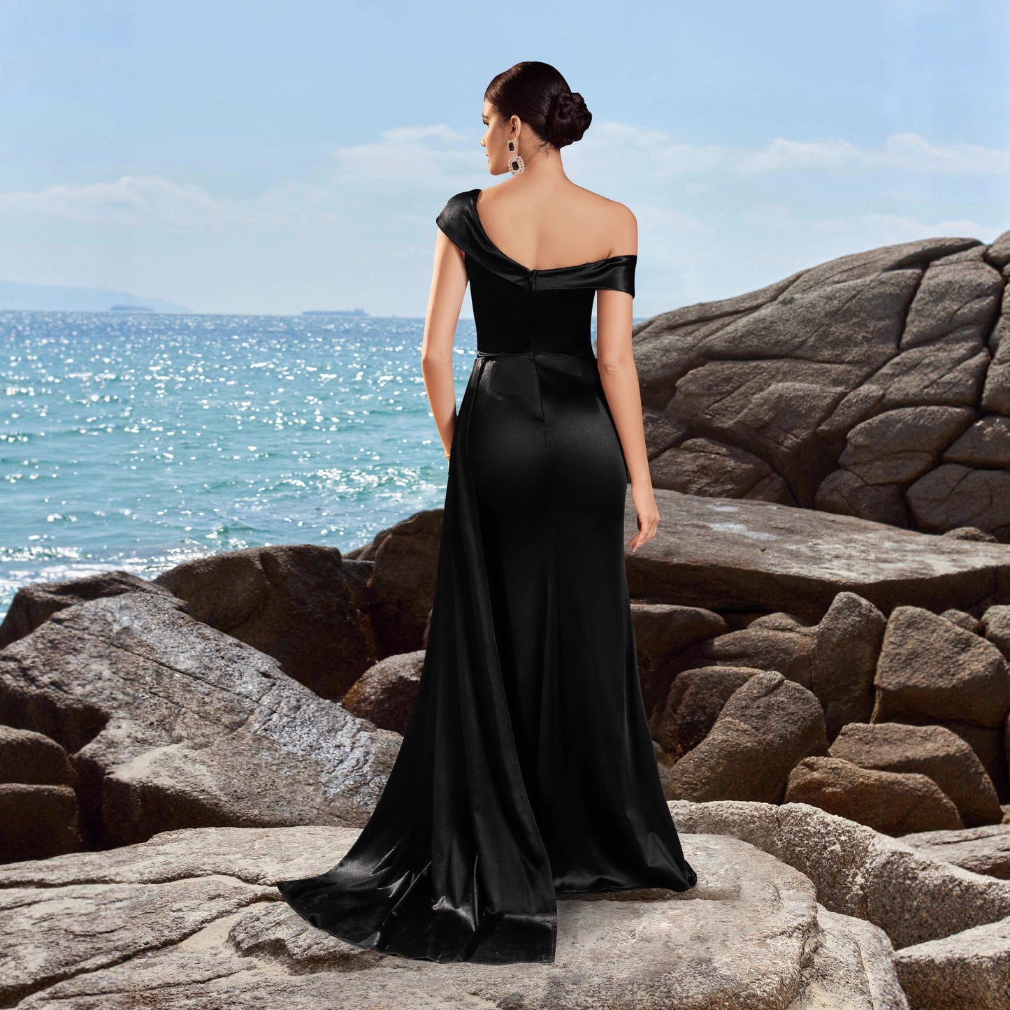 Black Satin High Slit Slimming Host Dress