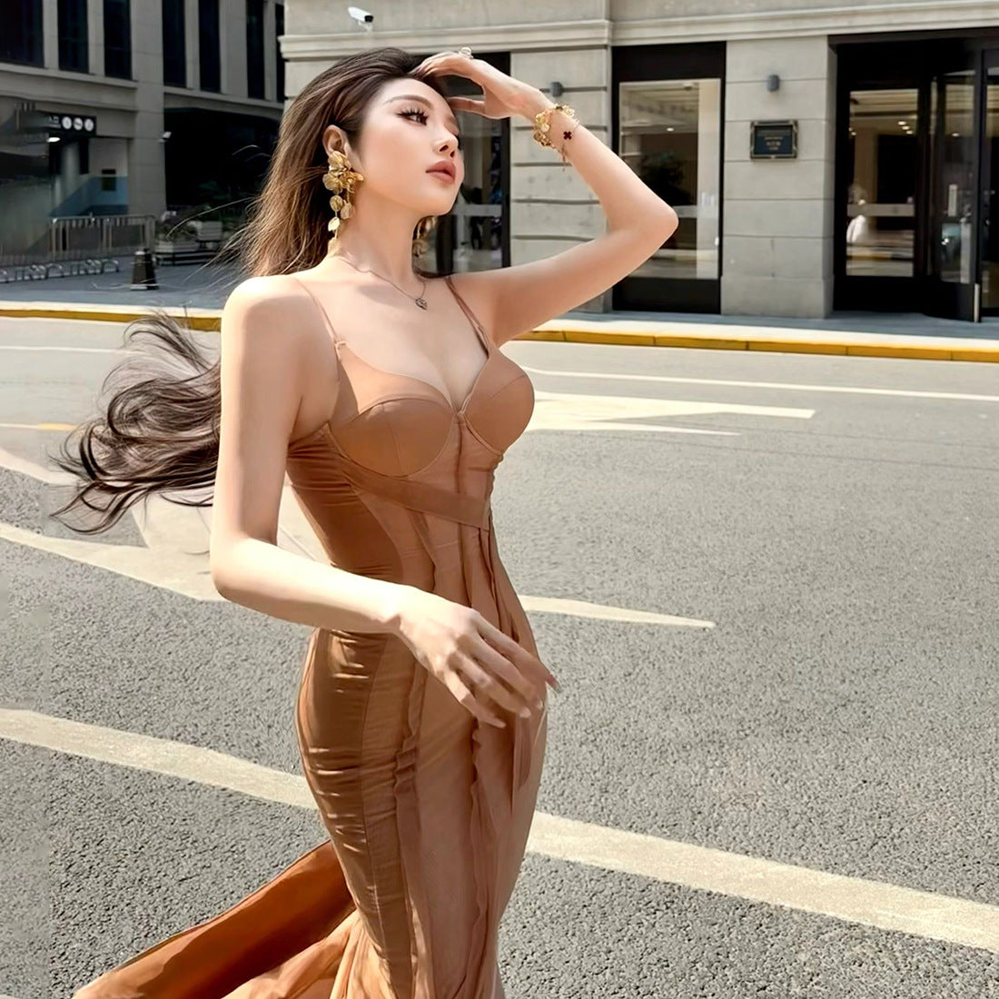 Women's Slim Temperament High Slit Solid Color Dresses